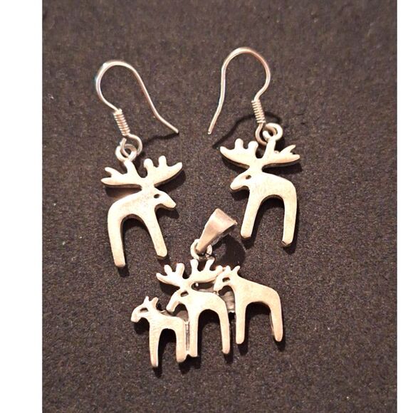 Sterling Moose Deer Family Earrings and Pendant Marked - Picture 2 of 5